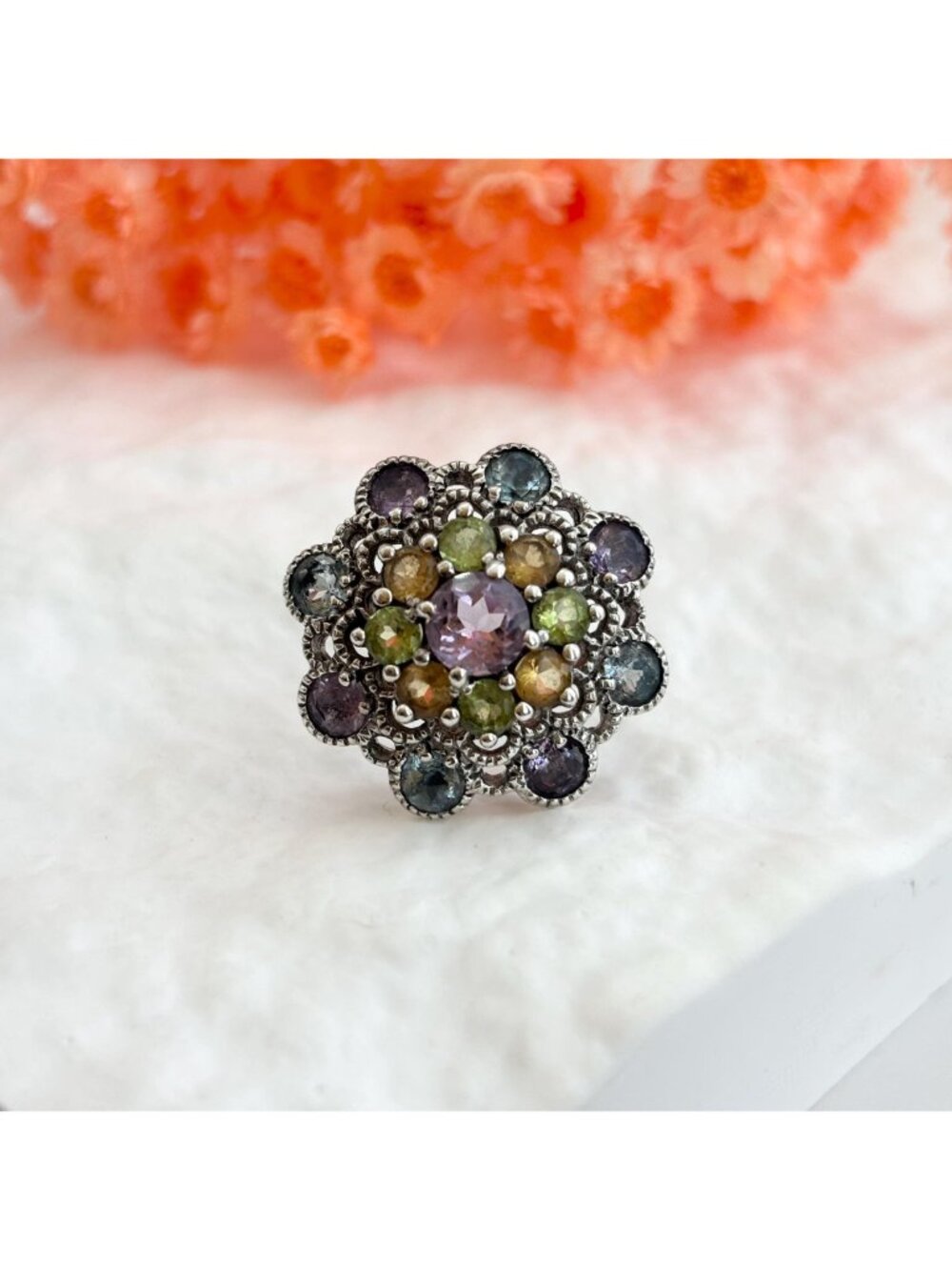 Cluster Rainbow Gemstone Blooming Flower Sterling Silver 925 Vintage Ring - sz 6 - Picture 11 of 16